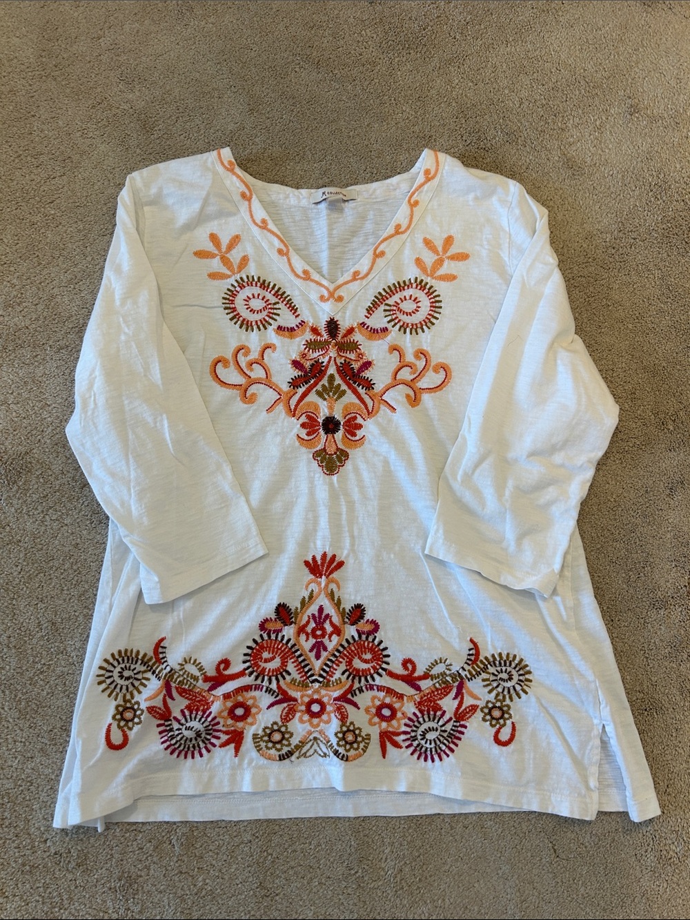 BUNDLE JM Collection White Tunic Top with Red & Orange Embroidery